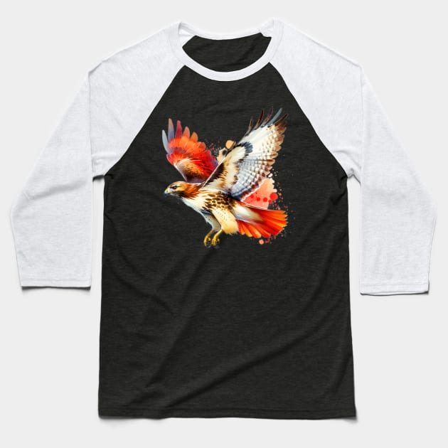 Watercolor Flying Red Tailed Hawk Baseball T-Shirt by The Jumping Cart